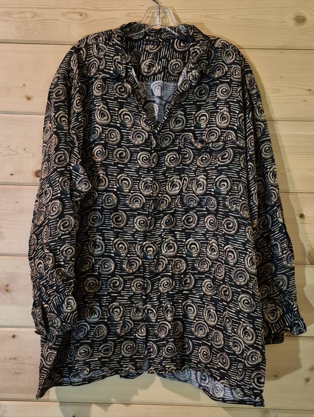 Vintage Excetera Shirt in Black and Brown Swirl Print Size XL 27x31 100% Silk